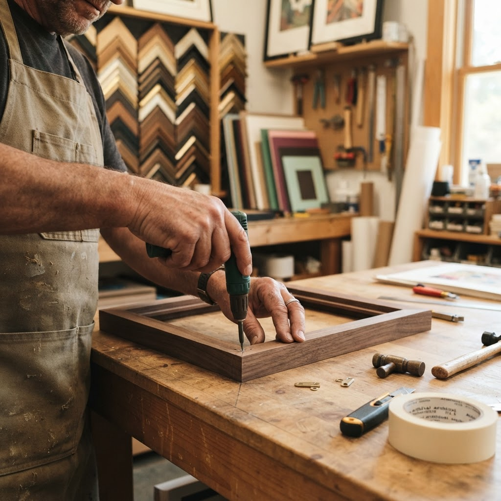 A craftsman assembling a wooden frame at the Soft Frame workshop